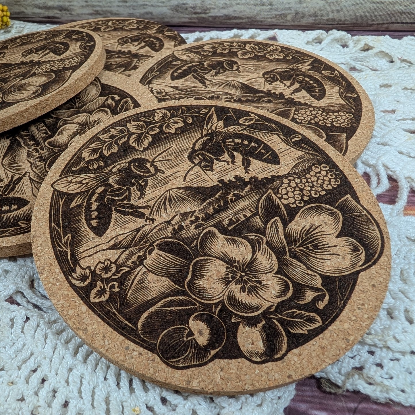 Bees and Flowers cork coaster