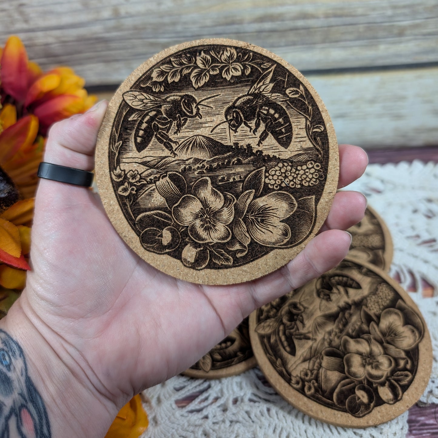 Bees and Flowers cork coaster